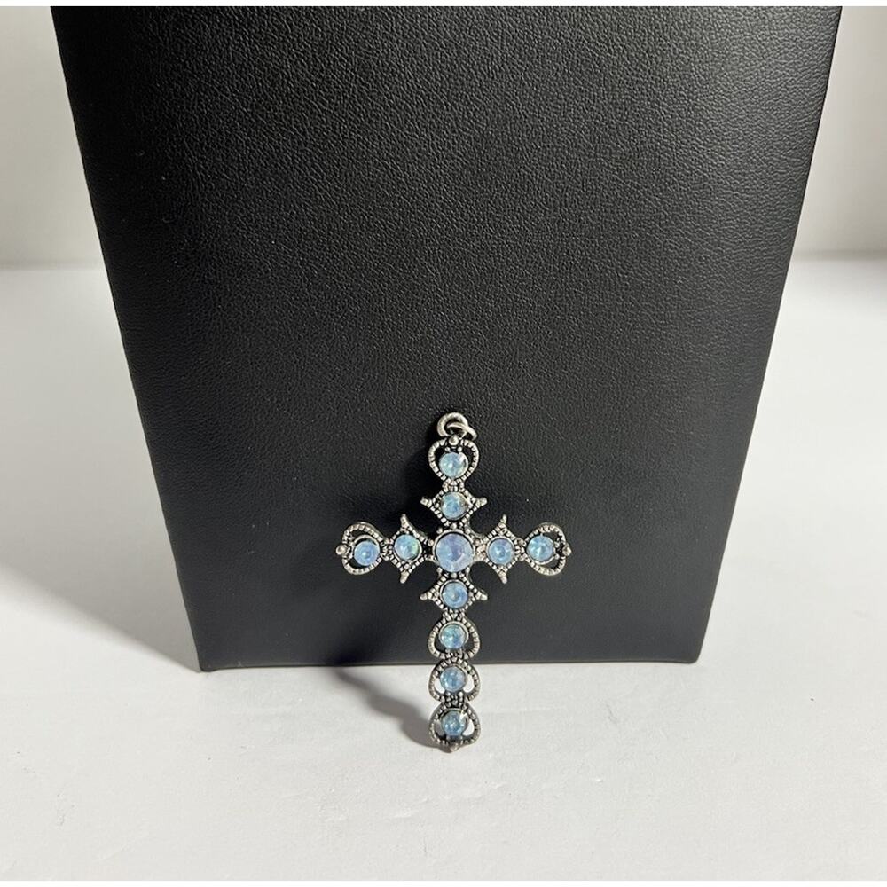 Vintage Blue Rhinestone Silver Tone Cross Pendant 2.5” H